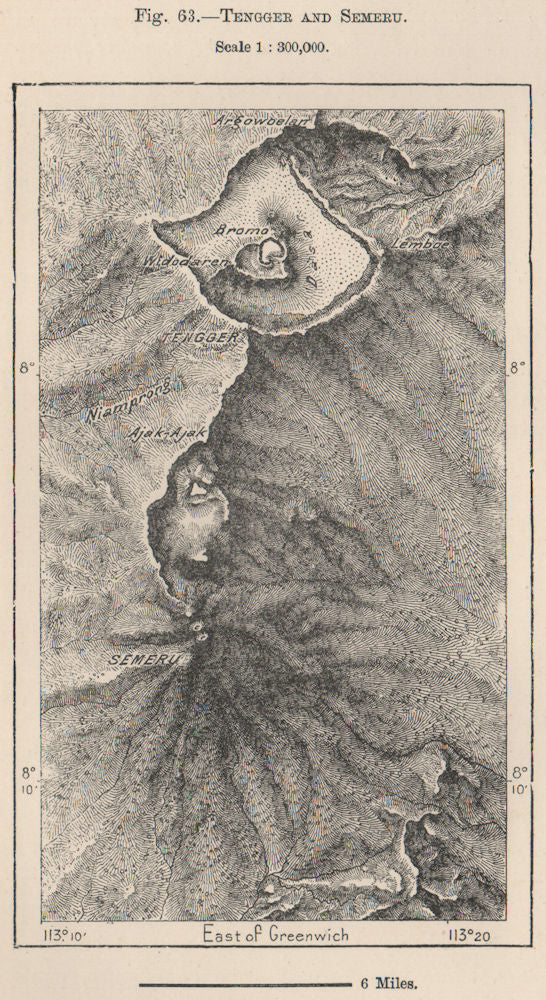 Tengger Massif & Mount Semeru. Bromo. Java, Indonesia. Volcanoes 1885 old map